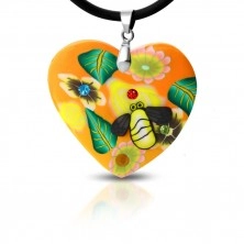 Ogrlica FIMO - narančasto srce s cvijećem i pčelom