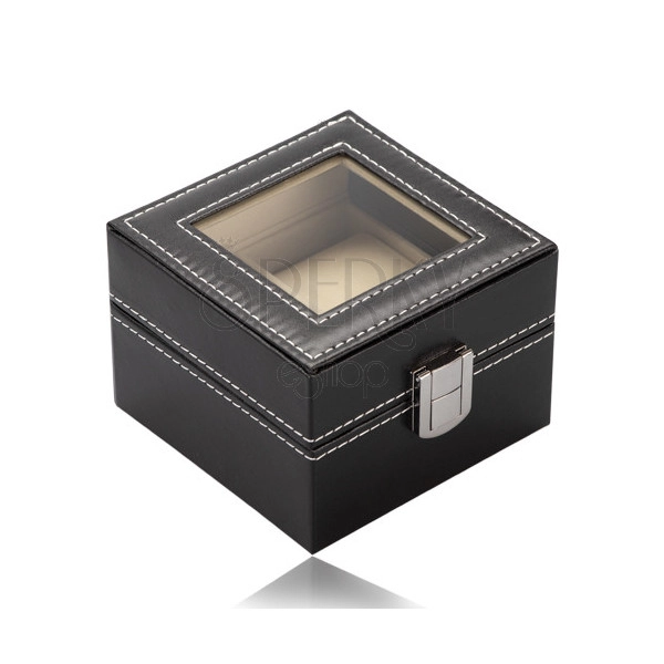 Kvadratna kutija za nakit za satove - crna umjetna koža, sjajna metalna kopča