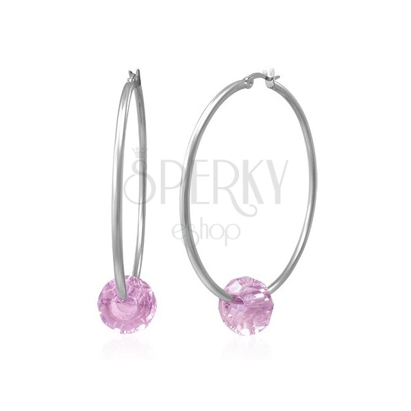 Čelične naušnice - veliki krugovi srebrne boje sa ružičastom brušenom perlom