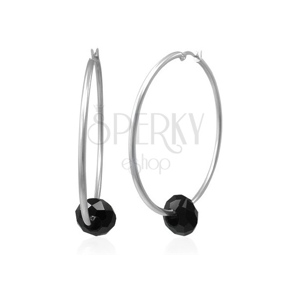 Čelične naušnice - veliki krugovi srebrne boje sa crnom brušenom perlom