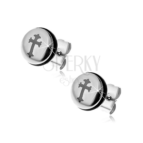 Čelične naušnice srebrne boje, krug sa križem i crni gumeni prsten