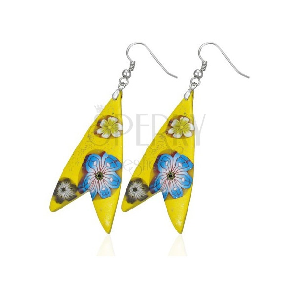 Naušnice Fimo - žuti trokut, oblik ribe, cvjetovi