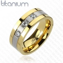 Prsten od titana - zlatna i srebrna boja, tri cirkona