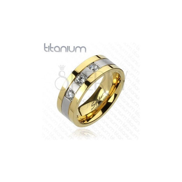 Prsten od titana - zlatna i srebrna boja, tri cirkona