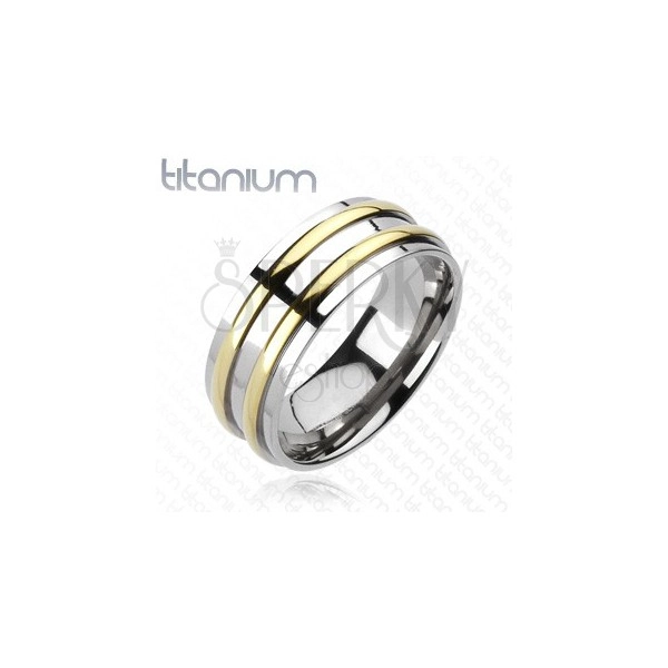  Prsten od titana - srebrna boja, dvije pruge zlatne boje