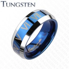 Prsten od volframa - plavi i srebrni rimski brojevi