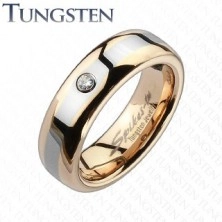 Prsten od volframa - ružičasto zlato, srebrna pruga, cirkon