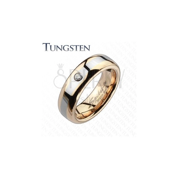 Prsten od volframa - ružičasto zlato, srebrna pruga, cirkon