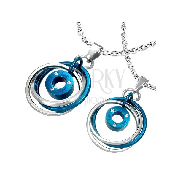 Privjesci od kirurškog čelika za parove - srebrno-plava boja, prepleteni prstenovi, cirkoni