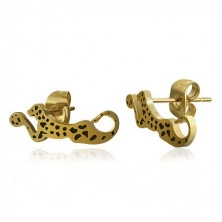 Čelične naušnice zlatne boje - ležeći leopard sa crnim točkama