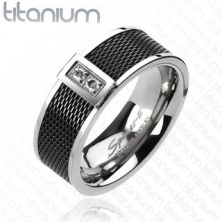 Prsten od titana - crni mrežasti uzorak, dva prozirna cirkona