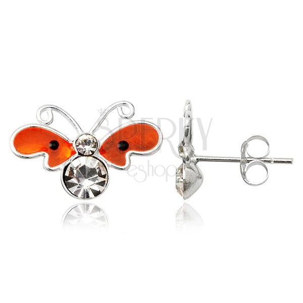 Srebrne naušnice na dugme - spljošteni narančasti leptir, cirkoni