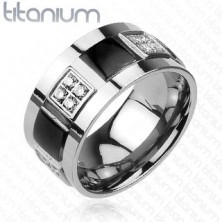 Prsten od titana ukrašen prozirnim cirkonima i crnim kvadratima