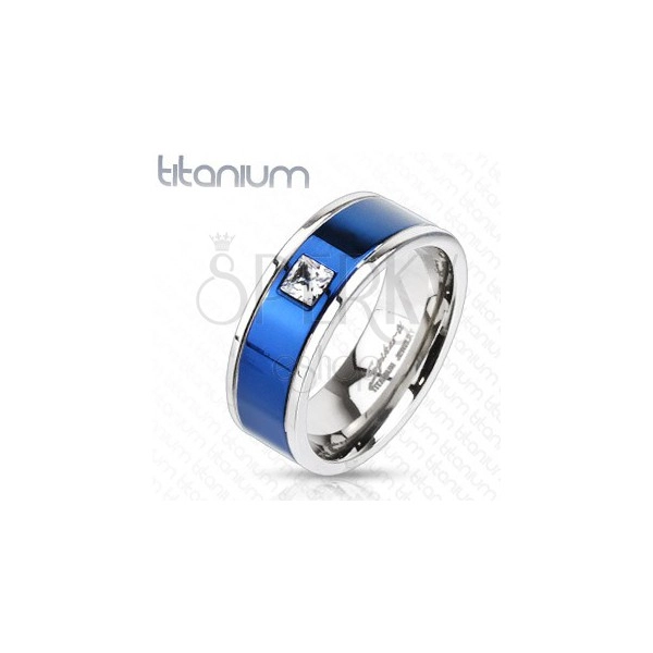 Prsten izrađen od titana s plavom linijom i četvrtastim cirkonom