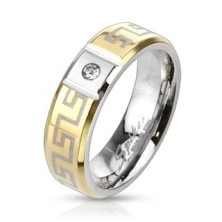 Prsten zlatne boje od nehrđajućeg čelika s grčkim uzorkom - sa cirkonom