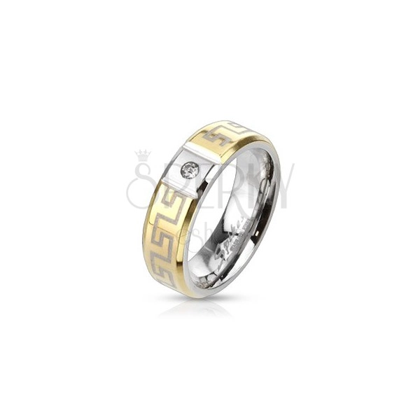 Prsten zlatne boje od nehrđajućeg čelika s grčkim uzorkom - sa cirkonom