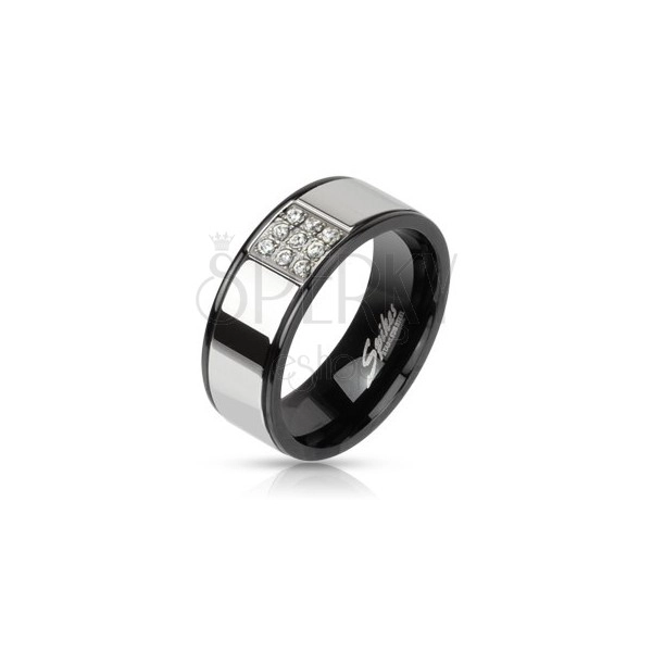 Čelični prsten - srebrni ton s crnim linijama, cirkonski kvadrat