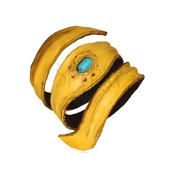 Flexible leather wristband with turquoise stone in the middle, yellow