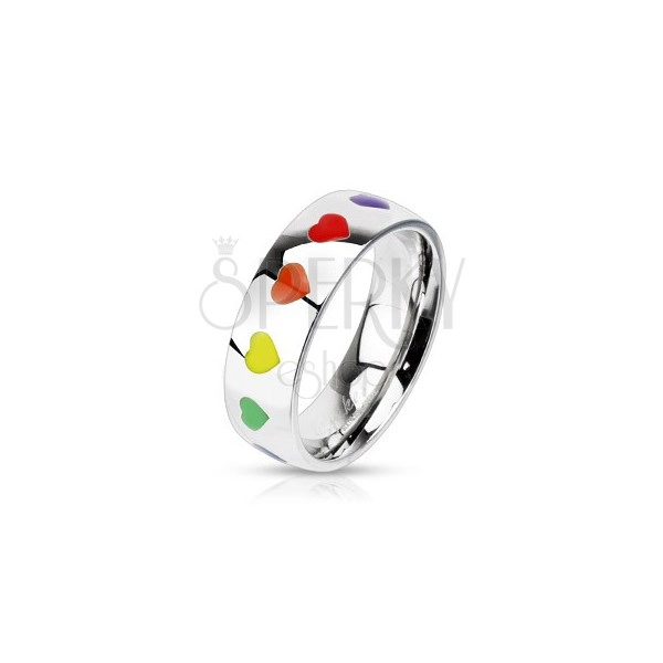 Sjajni čelični prsten sa srcima u duginim bojama, 6 mm