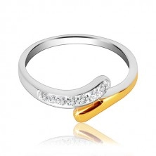 Srebrni prsten - zaobljena linija s cirkonima i zlatnim štitnikom