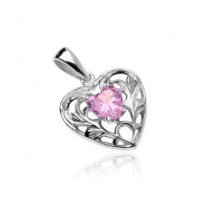 Srebrni privjesak - srce na sredini ukrašeno ružičastim cirkonskim srcem