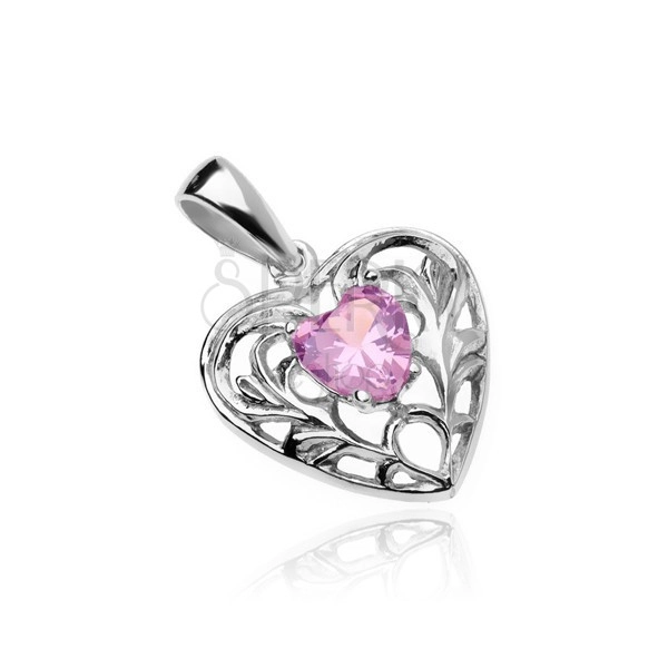 Srebrni privjesak - srce na sredini ukrašeno ružičastim cirkonskim srcem