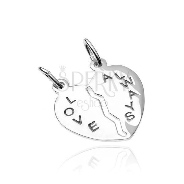 Privjesak za parove od 925 srebra - prepolovljeno srce s natpisom Love Always