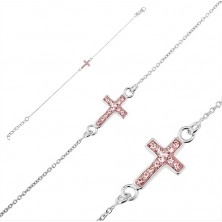 Srebrna narukvica, 925 - križ s ružičastim cirkonima