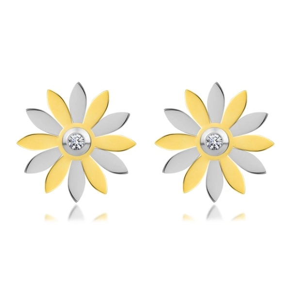 Čelične naušnice - cvijet s laticama zlatne i srebrne boje i cirkon