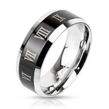Čelični prsten - srebrnast s crnom prugom i rimskim brojevima