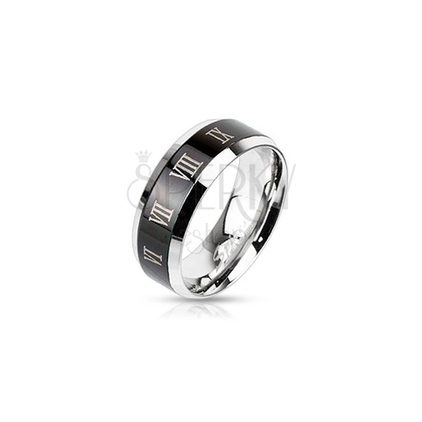 Čelični prsten - srebrnast s crnom prugom i rimskim brojevima
