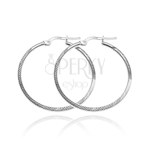 Naušnice od 925 srebra - kružnice s rubnom linijom, kosi urezi, 35 mm
