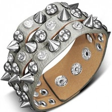 Kožna narukvica - srebrna sa točkom, polukugla i umjetni dijamant