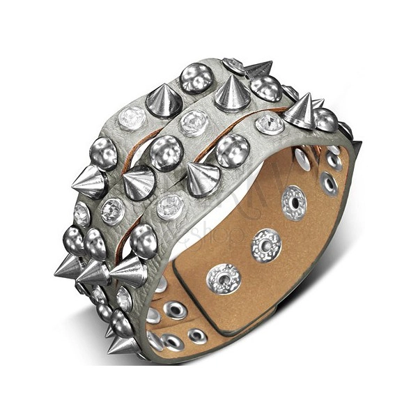Kožna narukvica - srebrna sa točkom, polukugla i umjetni dijamant