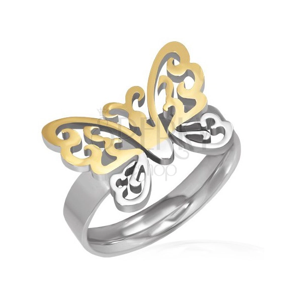 Čelični prsten - izrezbareni zlatno-srebrni leptir