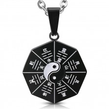 Crni privjesak od kirurškog čelika - simboli Yin i Yang, kineski znakovi
