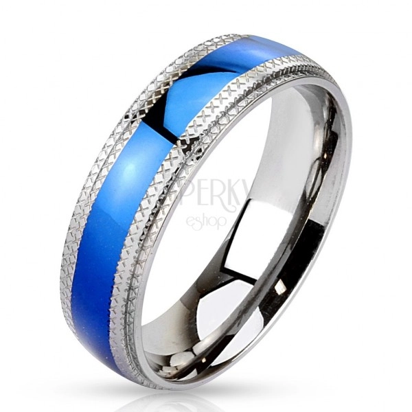 Prsten od nehrđajućeg čelika - sjajna plava pruga i kvrgavi rub
